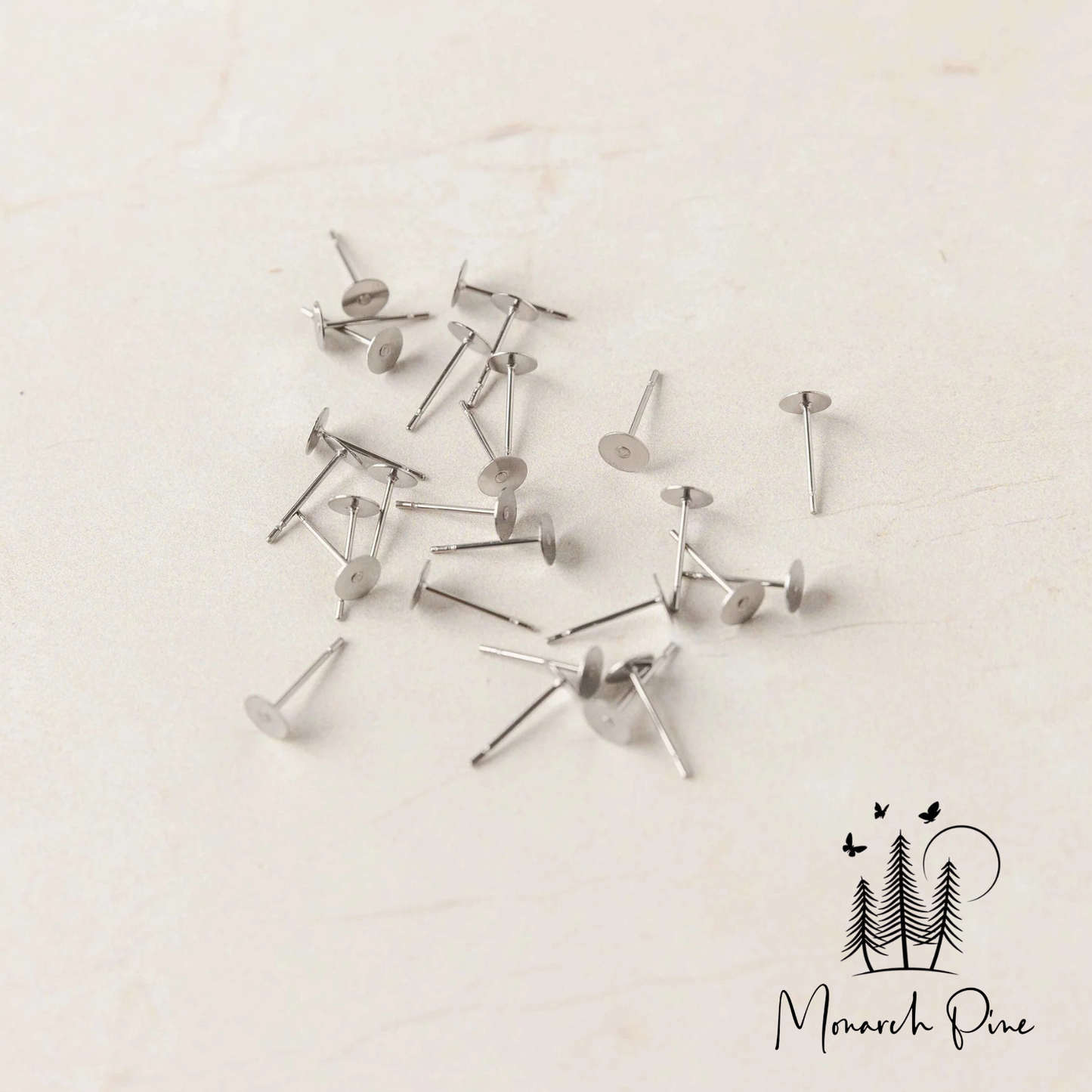Silver Stainless Steel Flat Pad Earring Posts - Monarch Pine (100 Pieces)