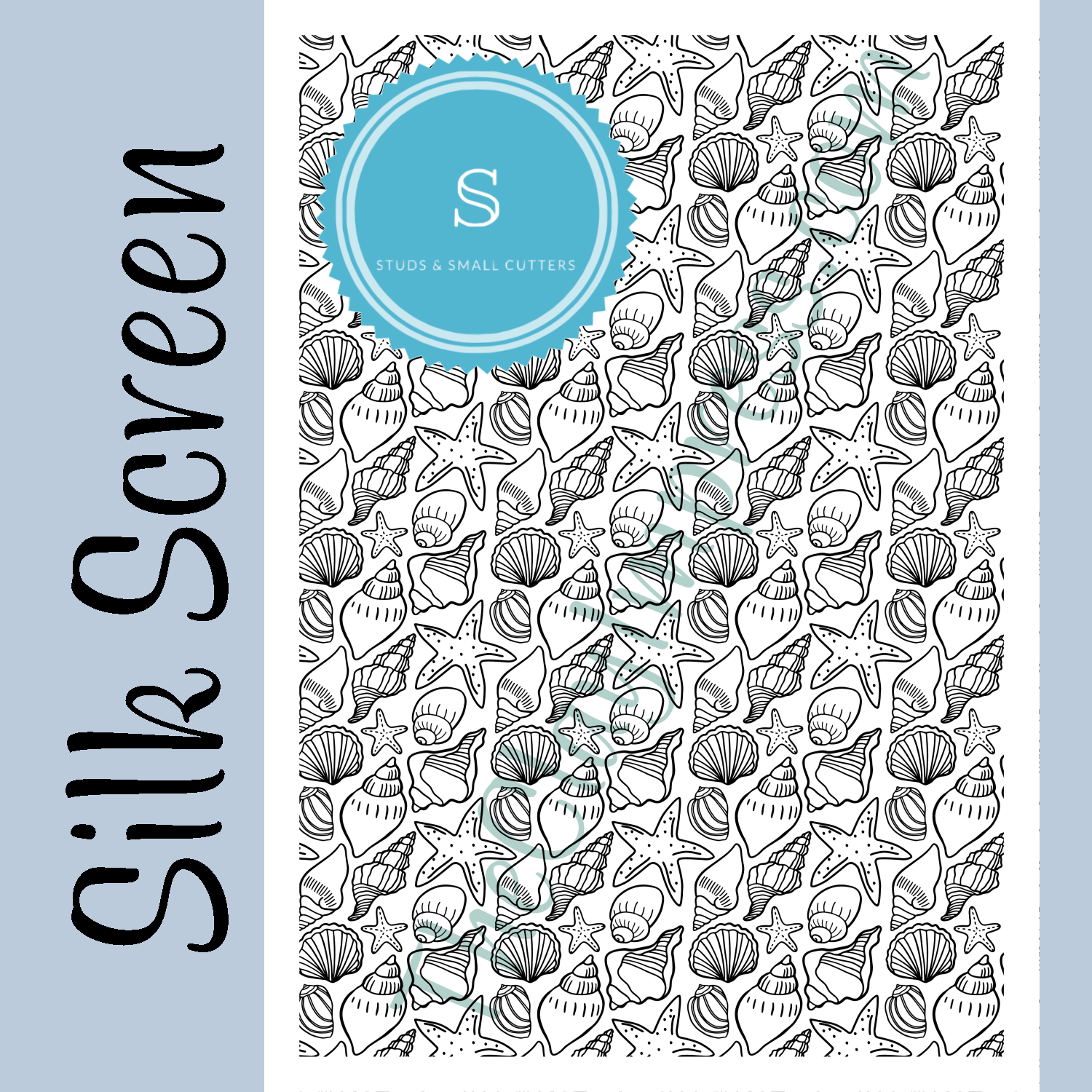 A full silk screen with a detailed sea-themed design featuring shells and starfish, perfect for adding intricate patterns to polymer clay projects.