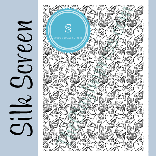 A full silk screen with a detailed sea-themed design featuring shells and starfish, perfect for adding intricate patterns to polymer clay projects.