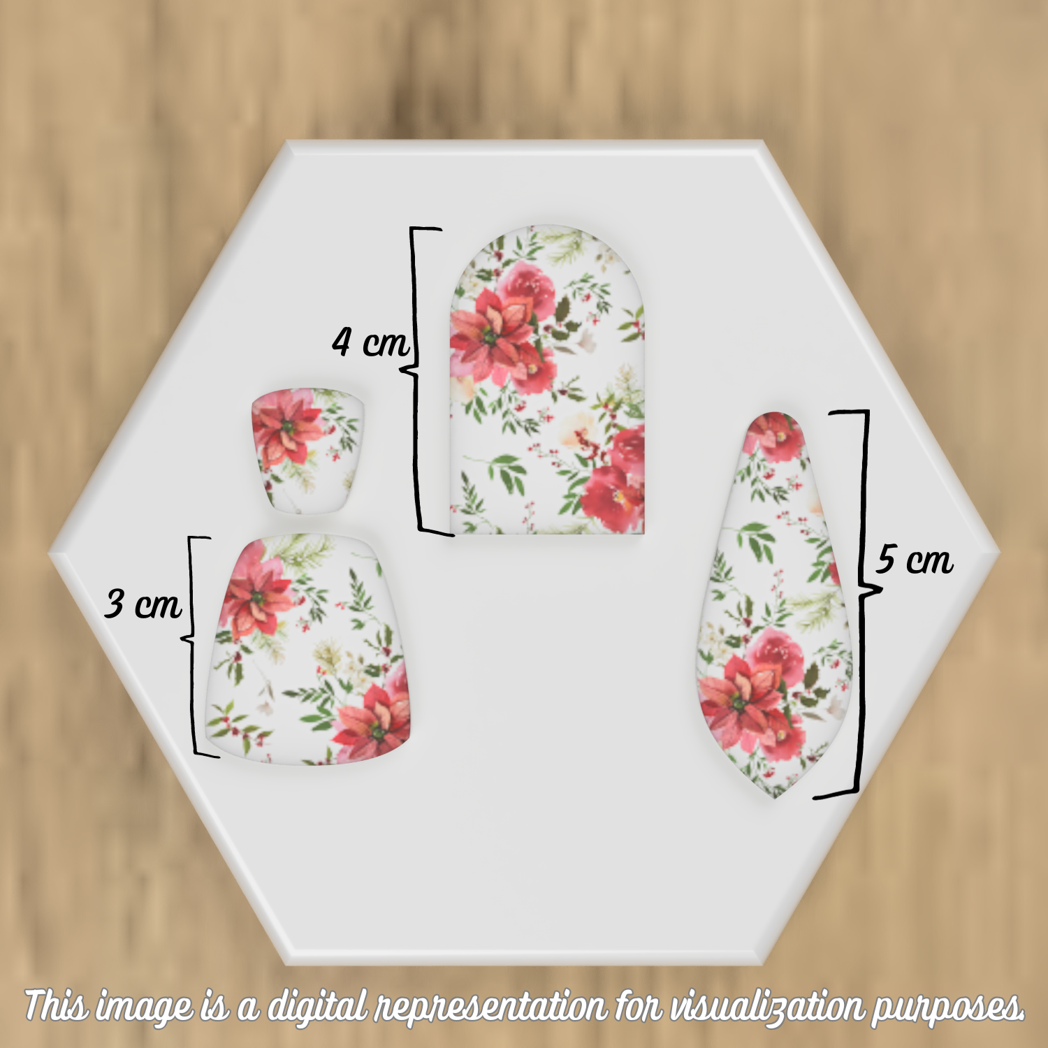 Digital representation of a Poinsettia floral pattern on polymer clay shapes.