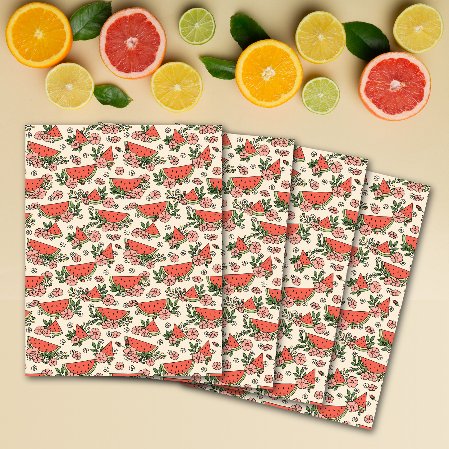 Display of four transfer sheets with watermelon and flower pattern.