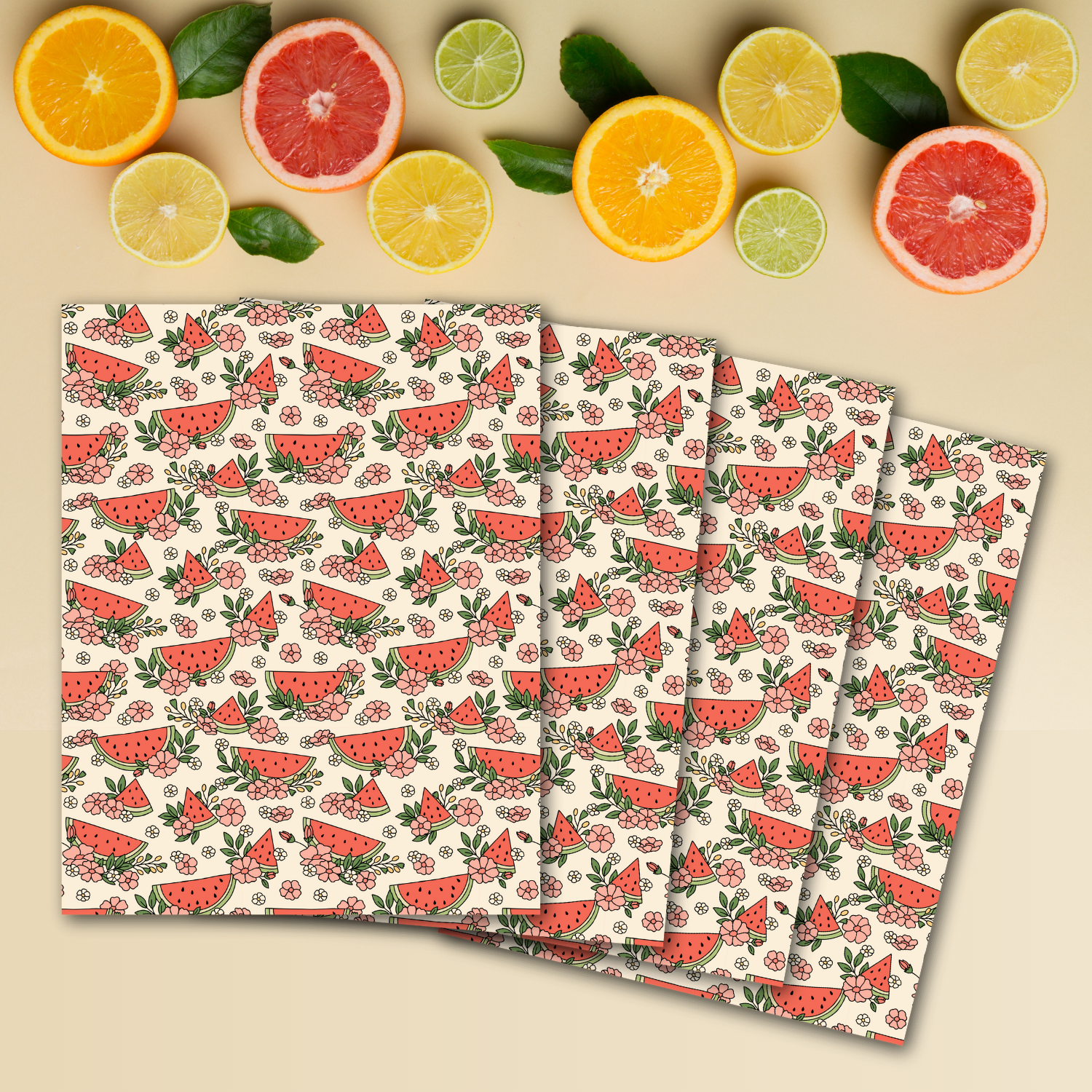 Display of four transfer sheets with watermelon and flower pattern.