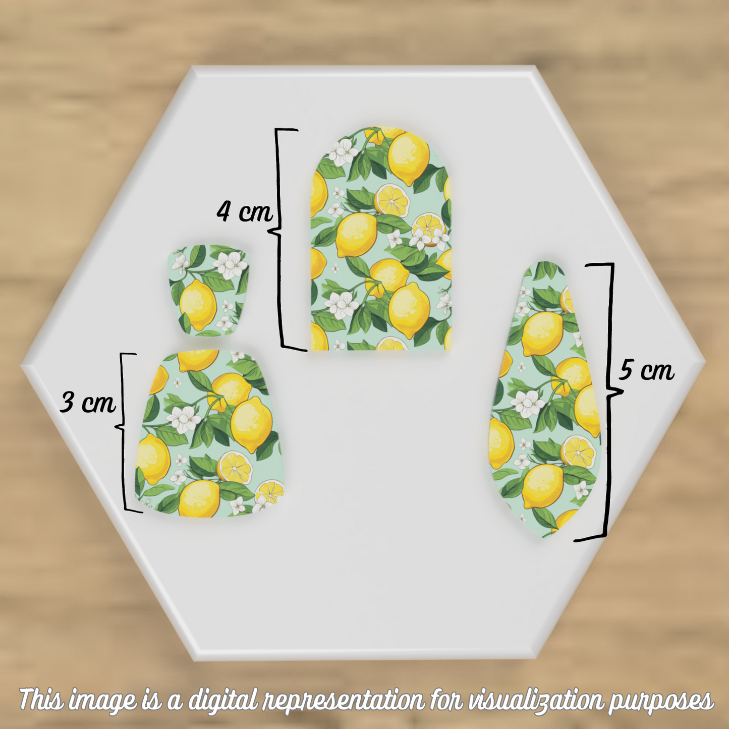 Lemon and flower pattern imprinted on polymer clay shapes with dimensions.