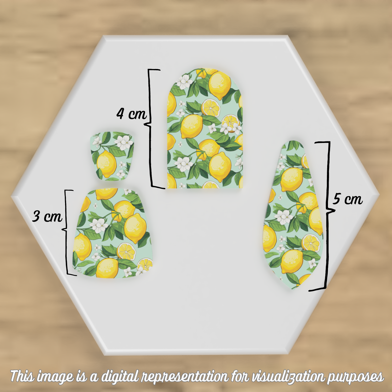 Lemon and flower pattern imprinted on polymer clay shapes with dimensions.