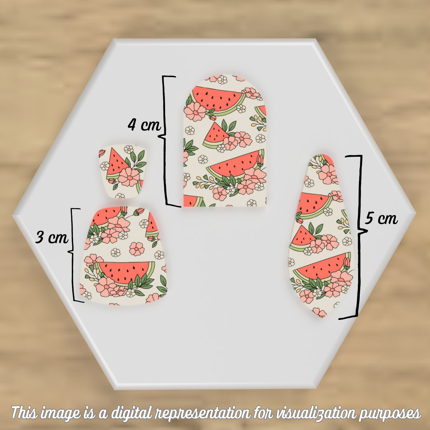 Watermelon and flower pattern imprinted on polymer clay shapes with dimensions.