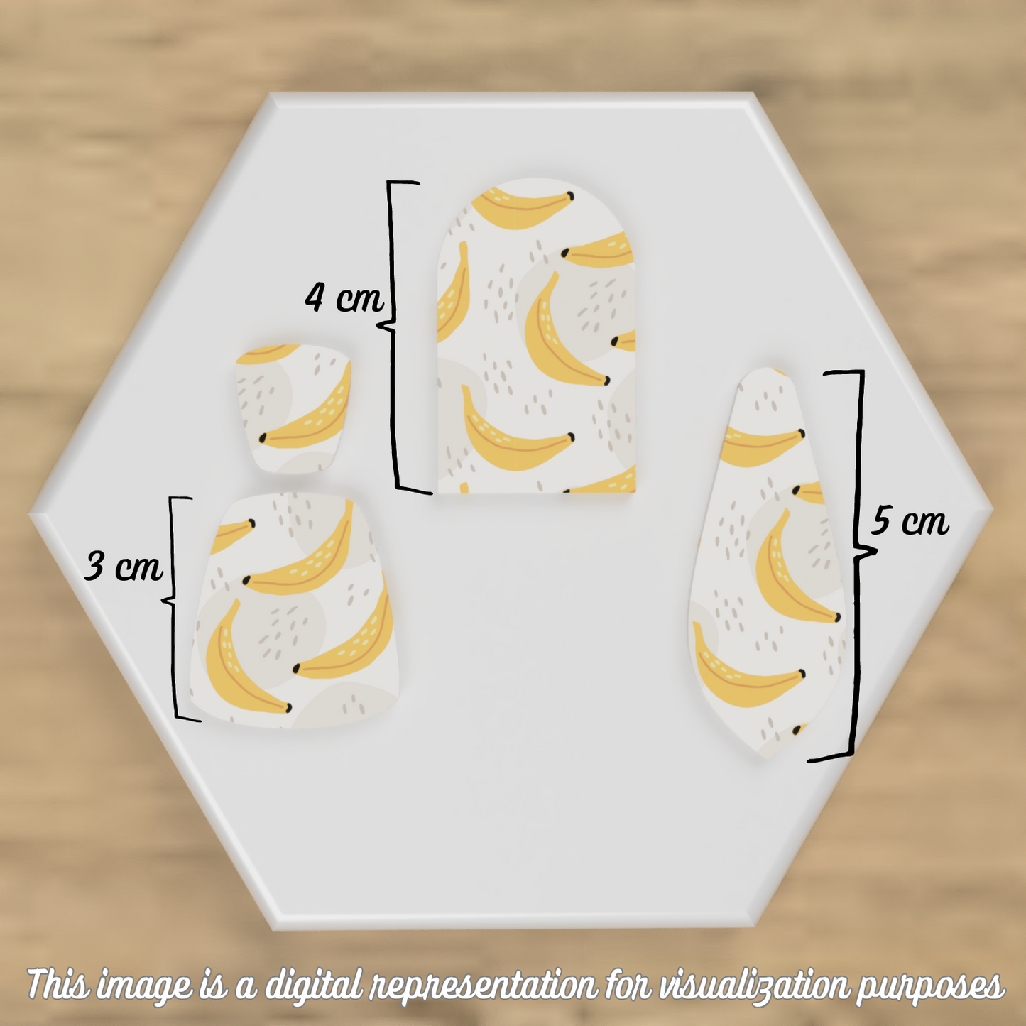 Banana pattern imprinted on polymer clay shapes with its dimensions.