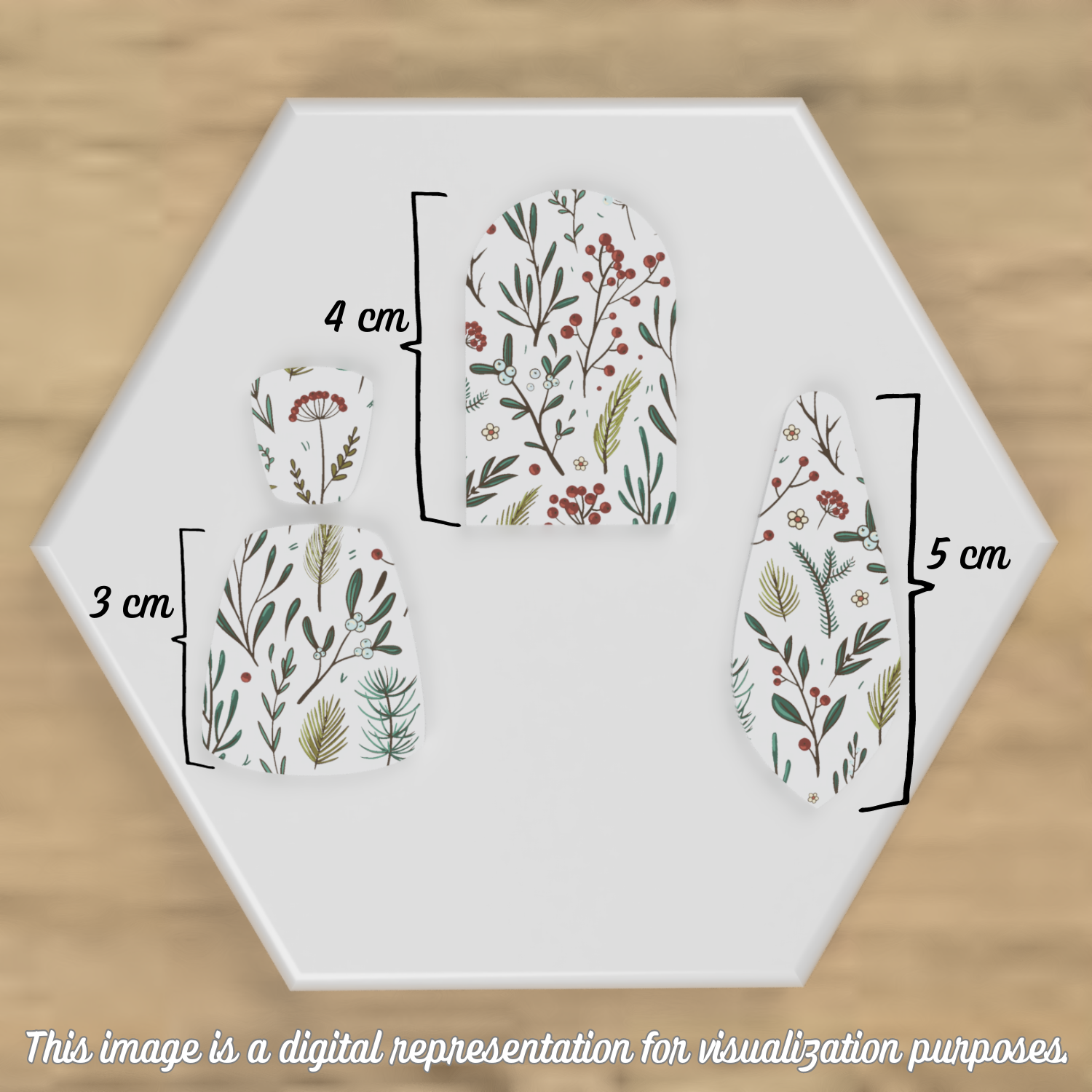 Festive floral and botanical design on polymer clay shapes using Yuletide Pine and Berries Transfer Sheet.
