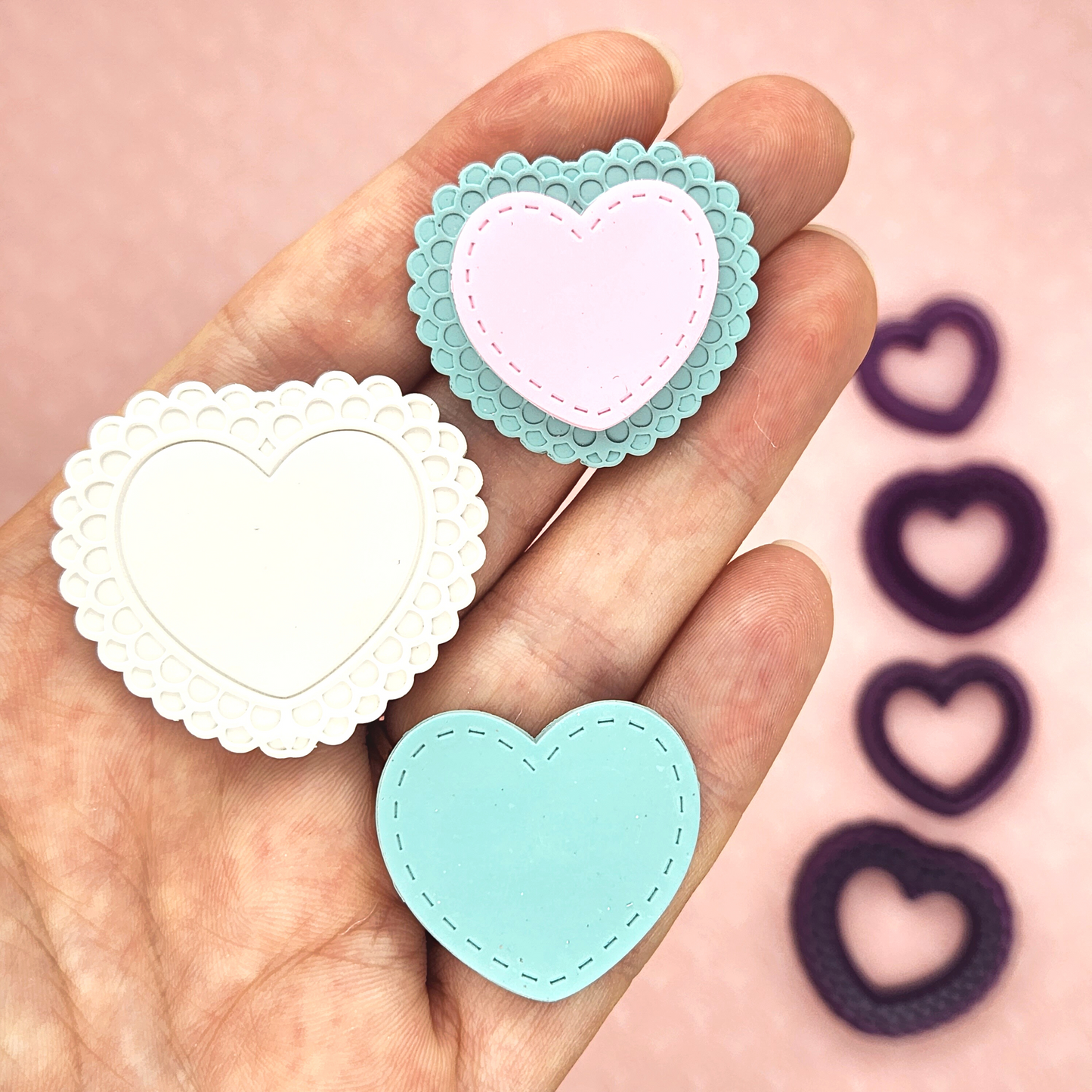 Stitched and Doily heart clay cutter set finish product sample