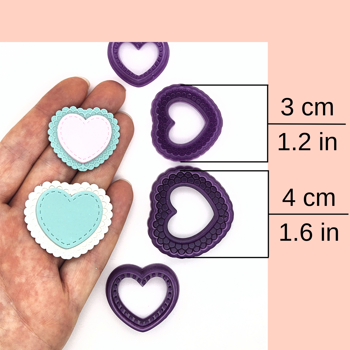 Stitched and Doily Heart polymer clay cutter set, available sizes: 3 centimeters / 1.2 inches, and 4 centimeters / 1.6 inches