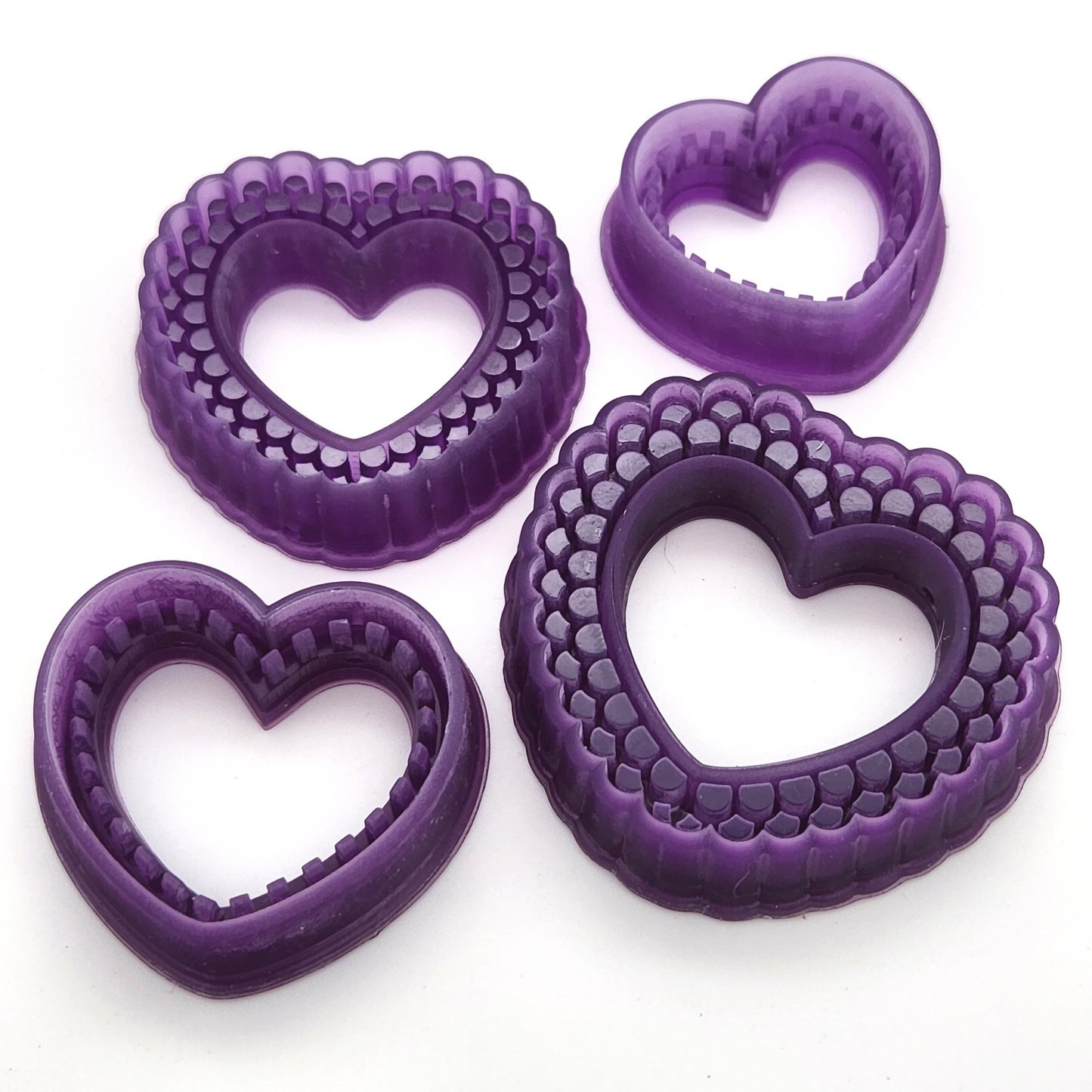 3D printed resin sharp edge Stitched and Doily Heart polymer clay cutter set details