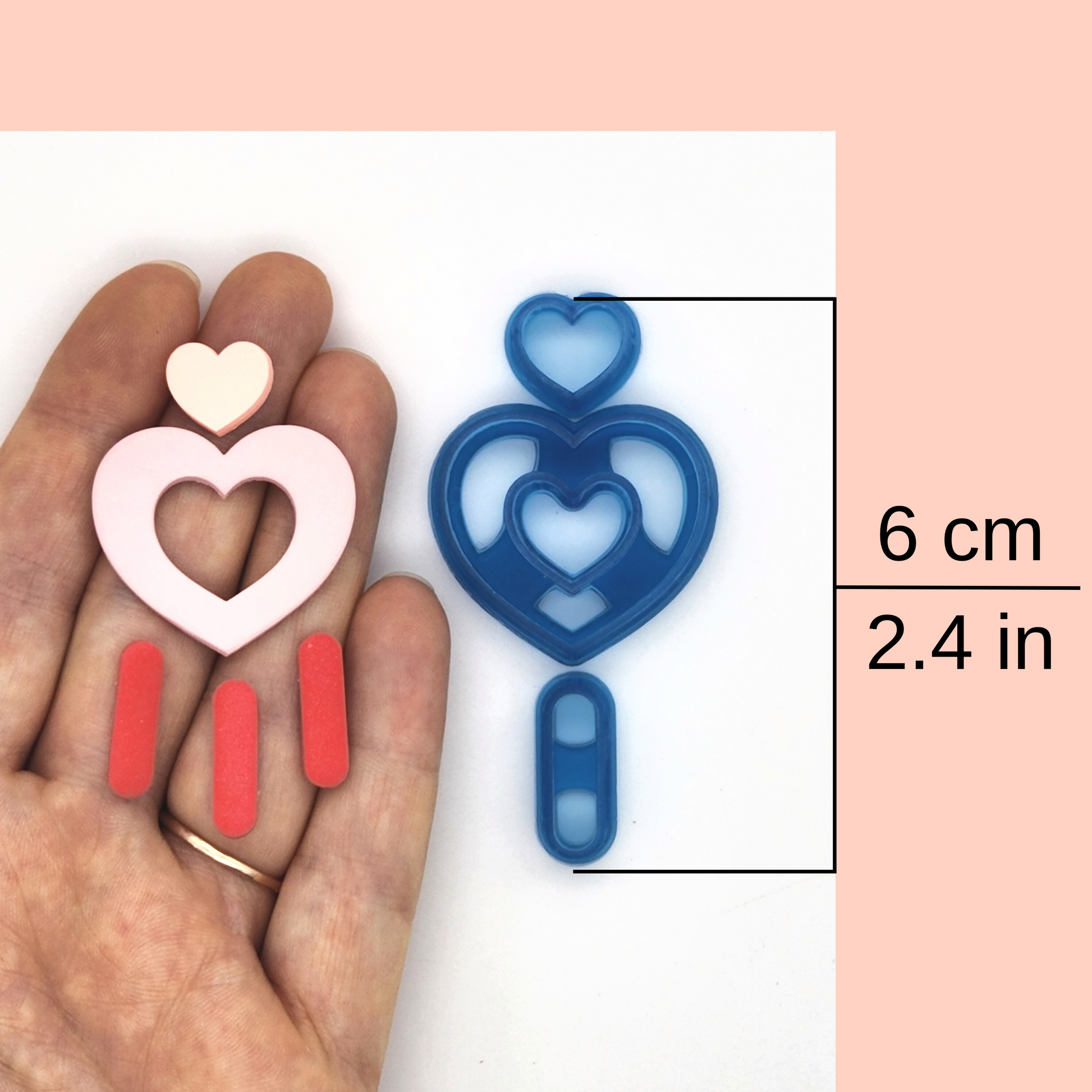 Chelsea heart dangle set clay cutter comparison with sample finish product. Chelsea heart dangle set clay cutter size, 6cm/2.4in