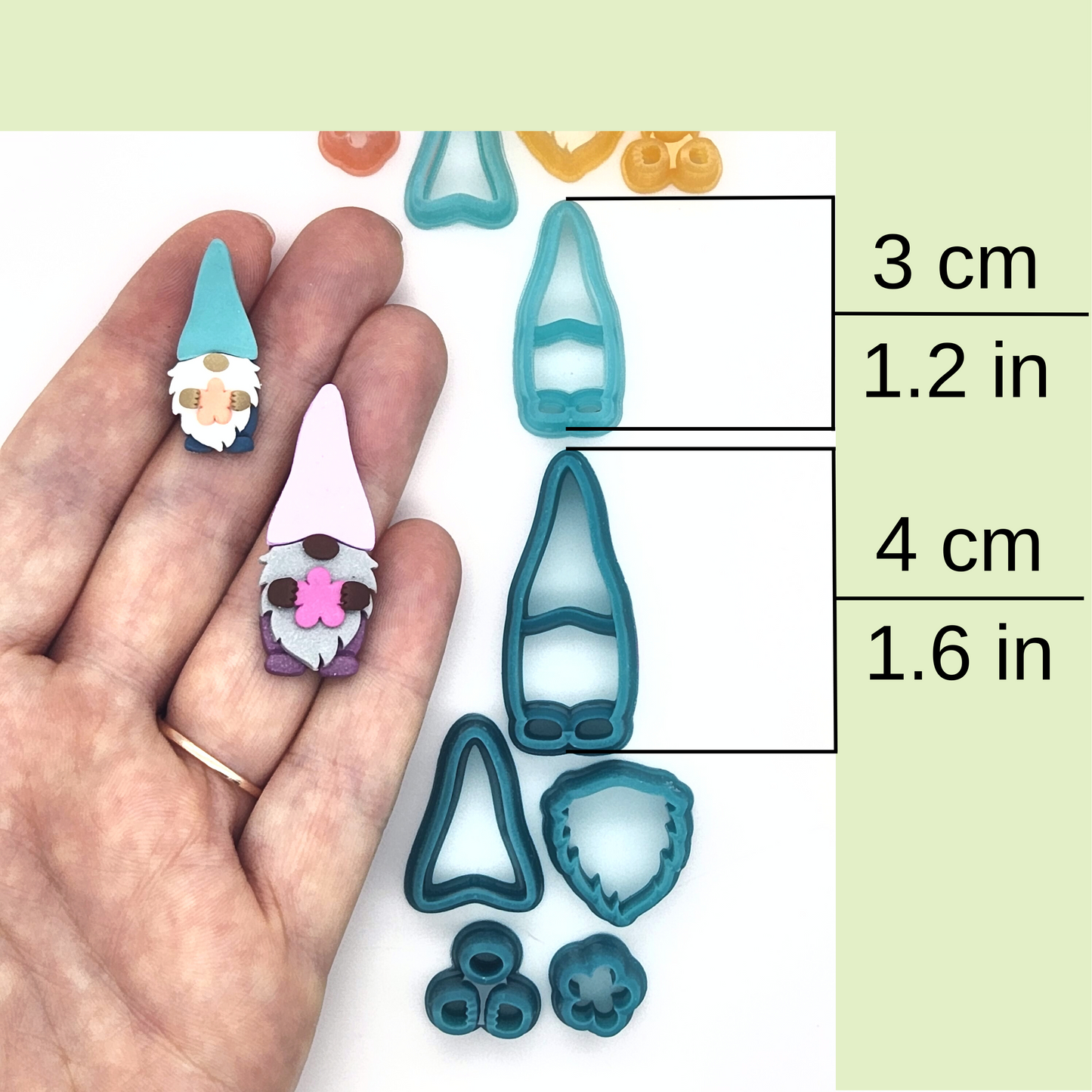 Garden Gnome Polymer Clay Cutter Set available sizes, 3 cm / 1.2 inch, and 4 cm / 1.6 inch, alongside their sample finish product