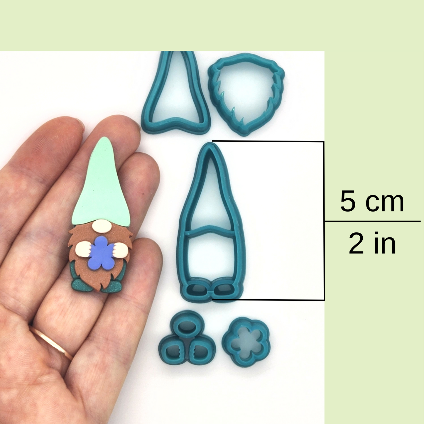 Garden Gnome Polymer Clay Cutter Set available size, 5 cm / 2 inch, alongside sample finish product
