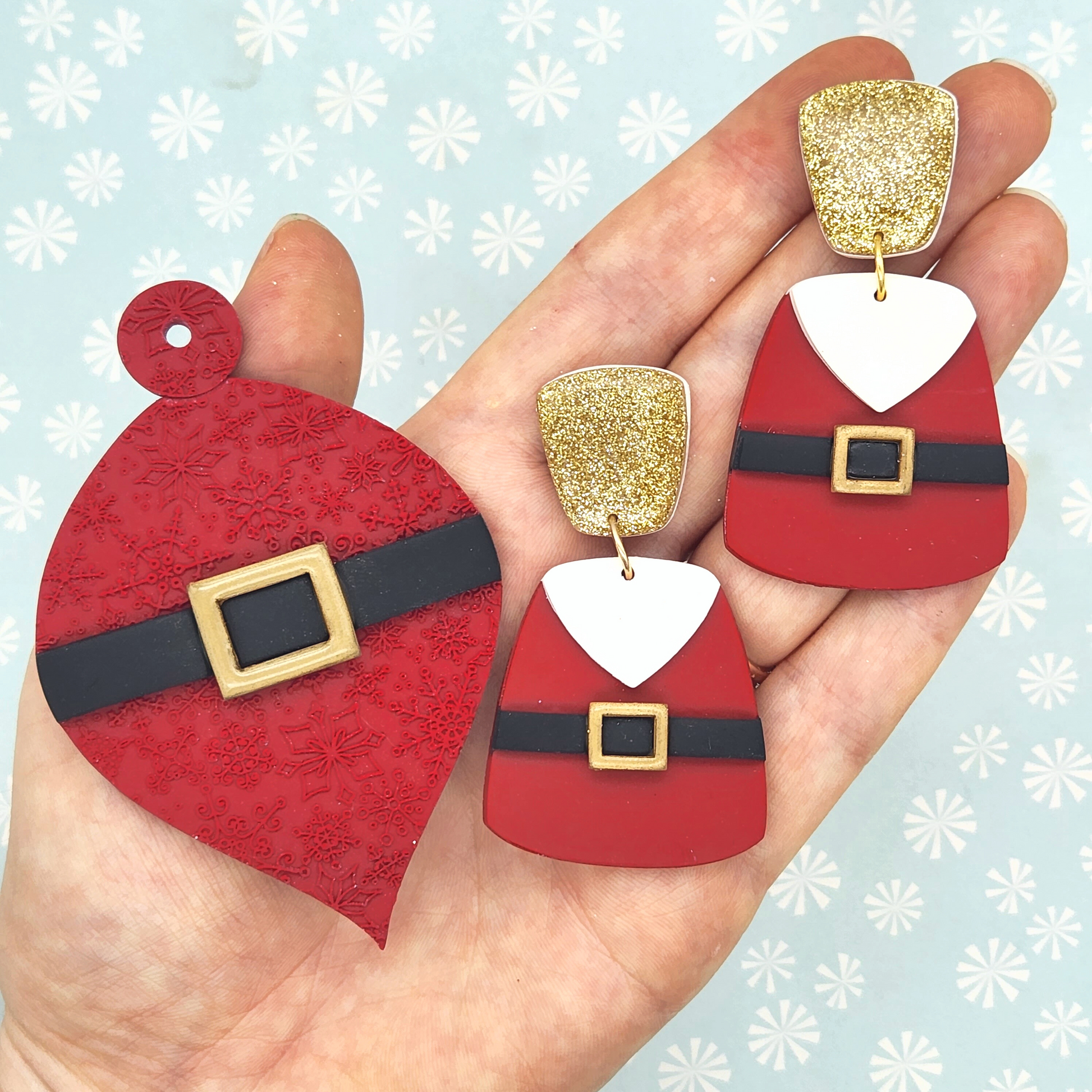 Santa Belt Polymer Clay Ornament and Earrings