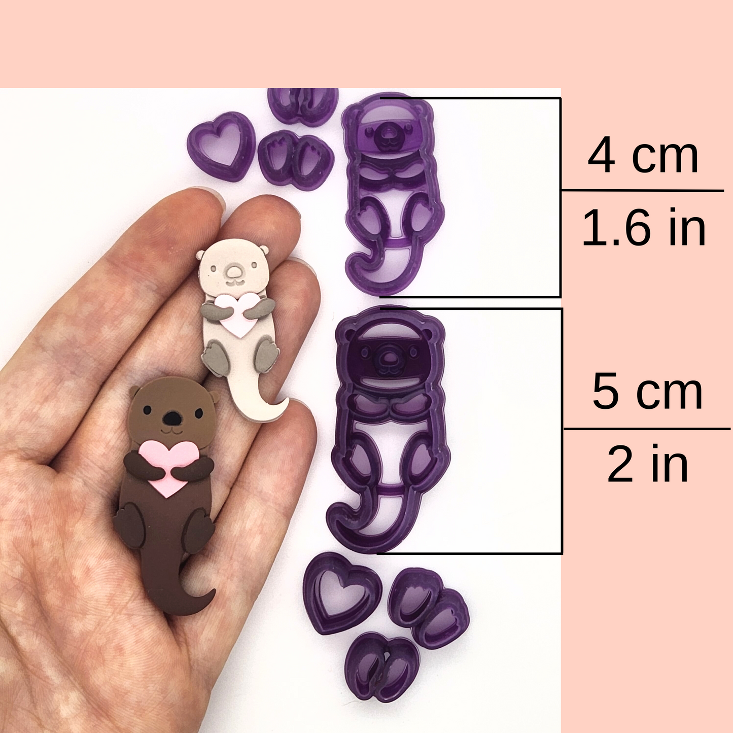 Otter Love Clay Cutter available sizes, 4 centimeters / 1.6 inches, and 5 centimeters / 2 inches. In photo includes sample finish product of Otter Love clay cutter set in different sizes