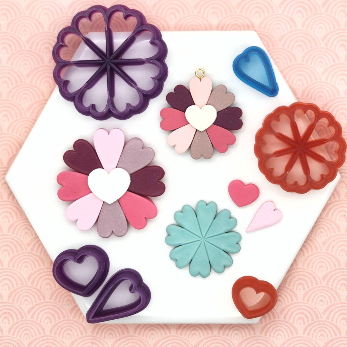 Heart Daisy Set Polymer Clay Cutter, including backpiece with debossing lines as guide for the petals, Petal Cutter, and Heart cutter for the center, with sample finish product.