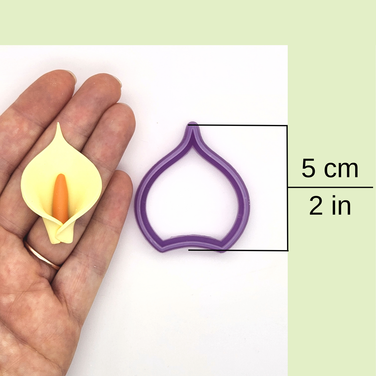 Calla Lily Petal polymer clay cutter size 5 cm / 2 inch, alongside sample finish product