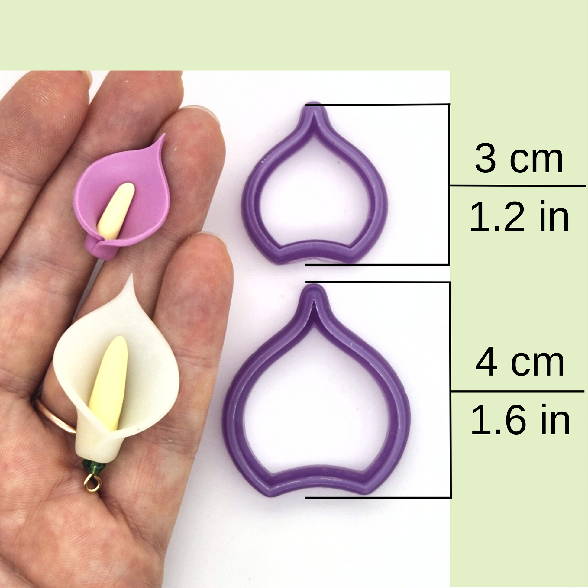 Calla Lily Petal polymer clay cutter sizes 3 cm / 1.2 inch, and 4 cm / 1.6 inch, alongside their sample finish products