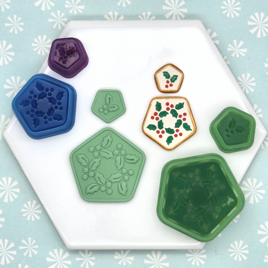 Winter Christmas Holly Tile Design Polymer Clay Cutter Set