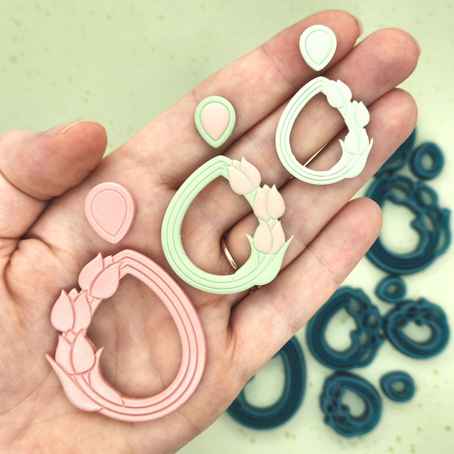 Three sizes comparison available for Tulip Teardrops - Mirrored Set polymer clay cutters