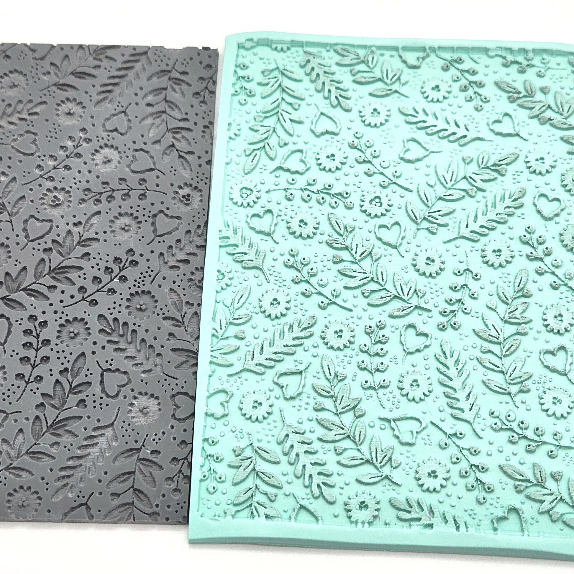 Romantic Botanic Texture Rubber Mat with sample finish product on polymer clay