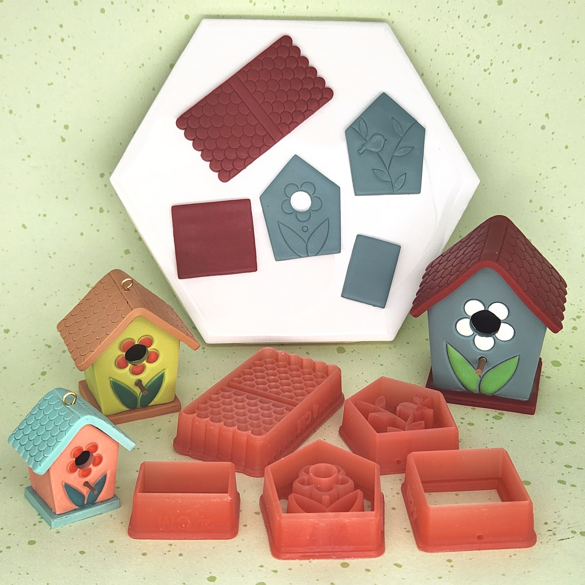 3D Birdhouse Kit consists of front, back, side, roof, and bottom polymer clay cutters
