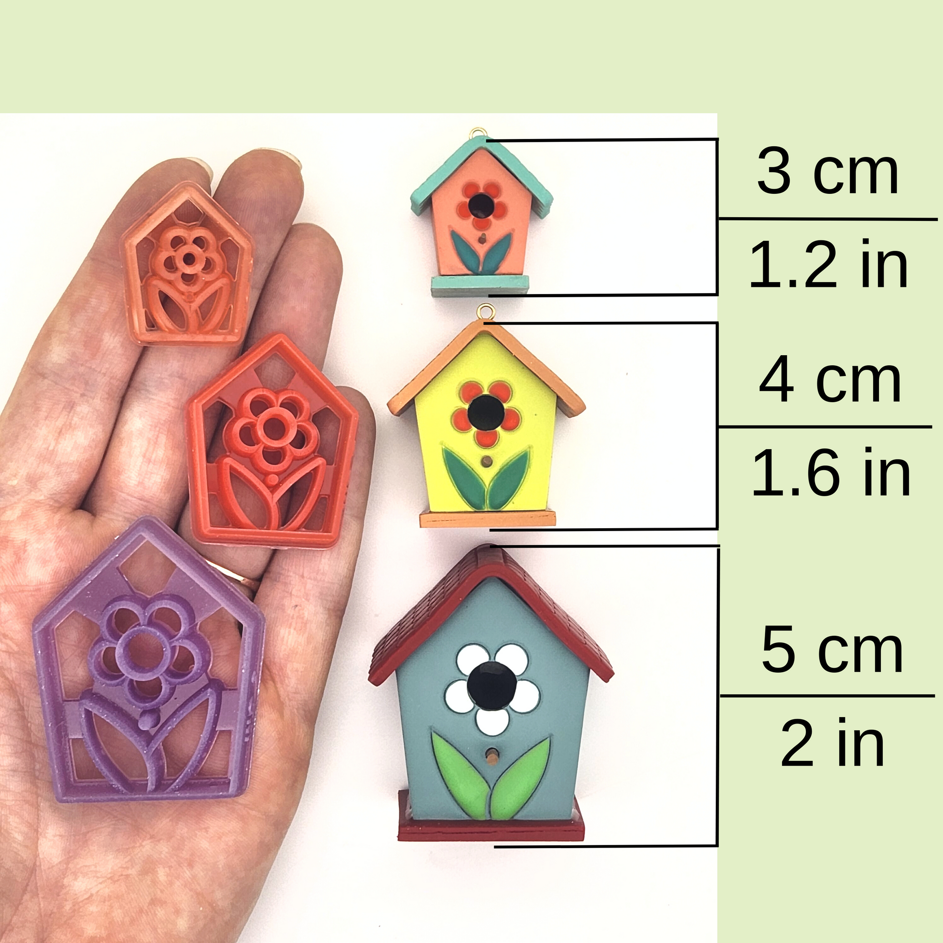 3D Birdhouse Kit is available in three sizes, 3cm / 1.2in, 4cm / 1.6in, and 5cm / 2in