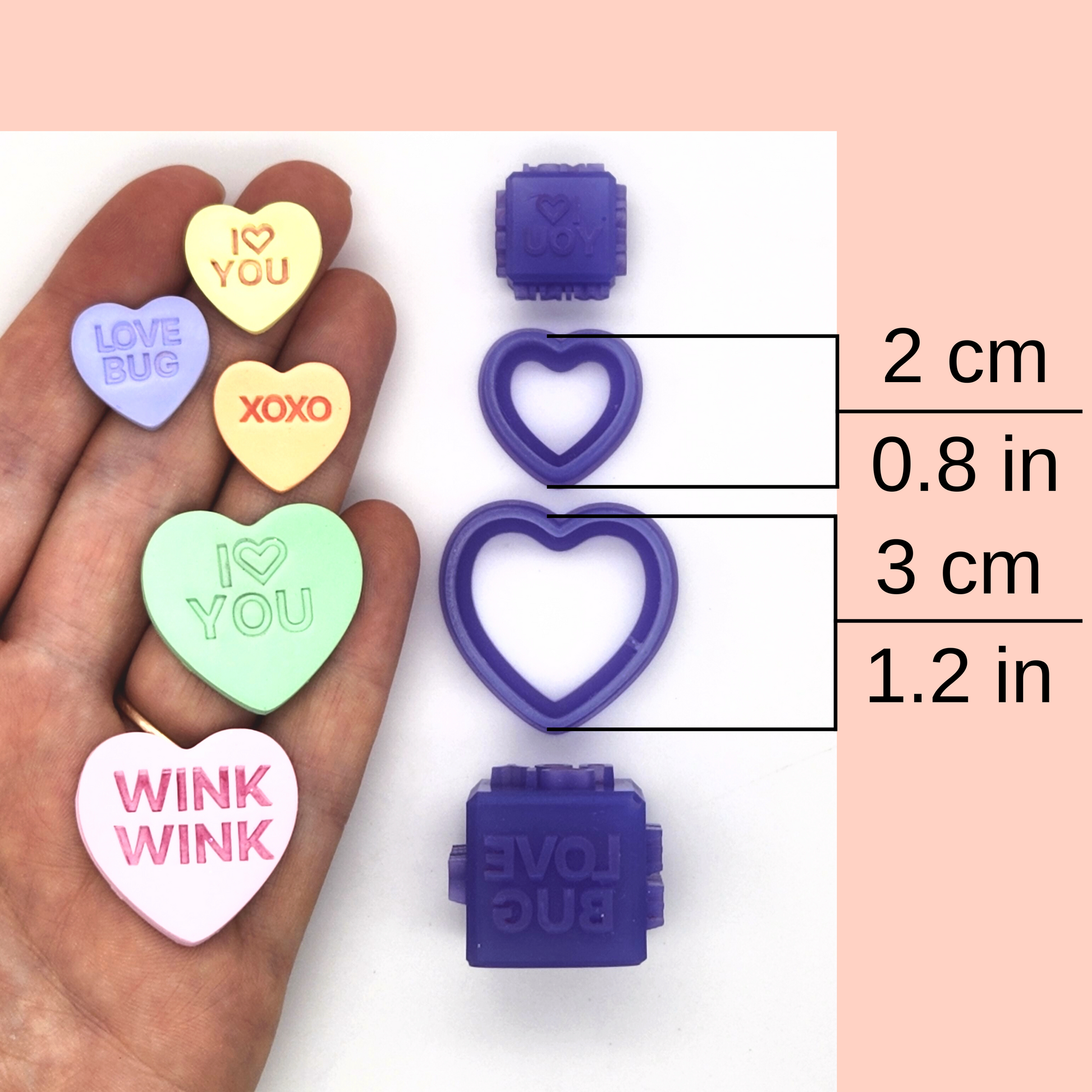 Sweethearts Debossing Cube and Cutter available clay cutter sizes, 2 centimeters / 0.8 inches, and 3 centimeters / 1.2 inches. In photo, sample finish product with Sweethearts Debossing Cube and Cutter in two different sizes