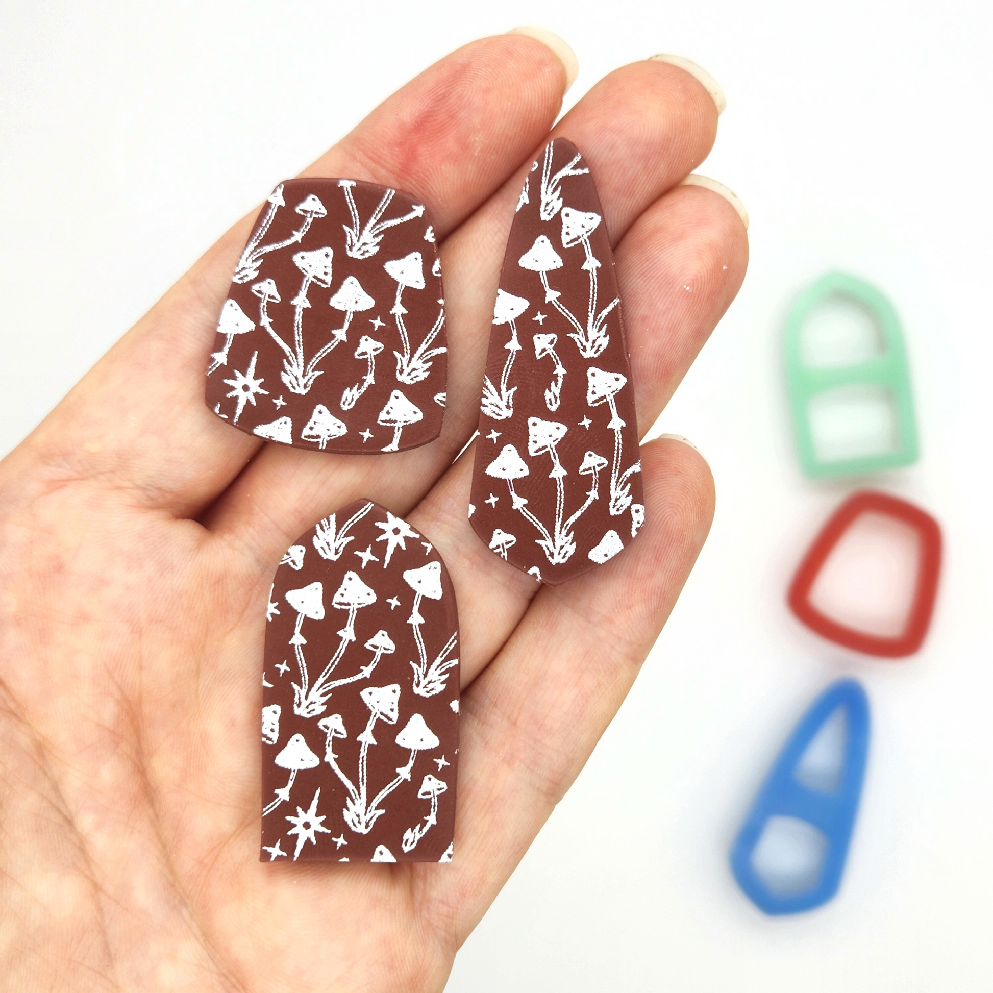 Actual Magick Mushrooms Silk Screen Design on Polymer Clay Shapes Sample