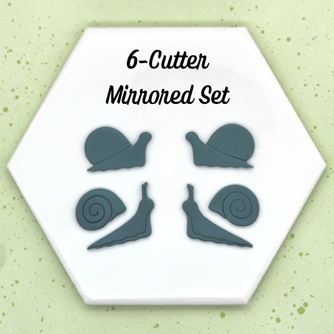 The snail mirrored set consists of 6 cutters, sample finish product of each cutter included shown in picture. Mirrored pairs for slugs, snail shells, and back pieces