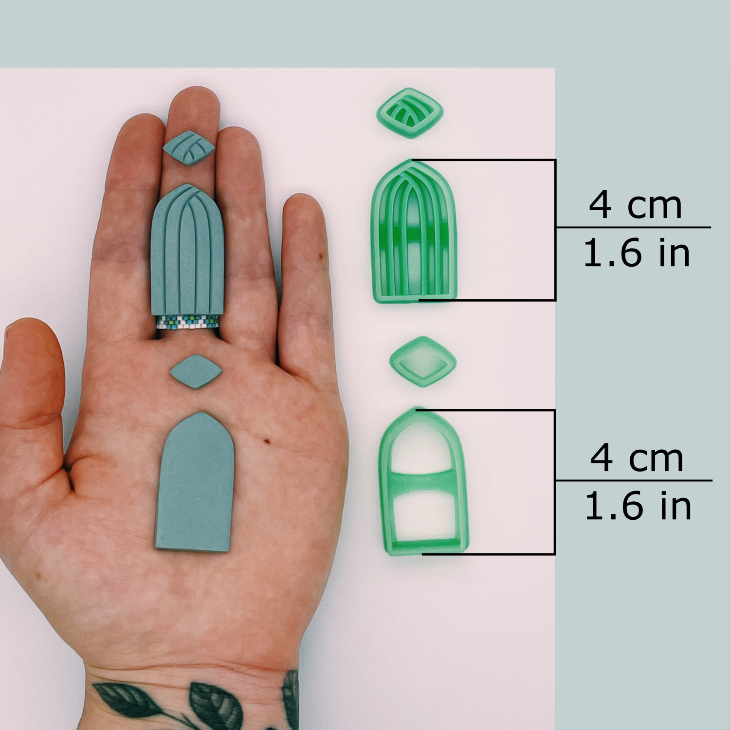 Art Deco Ogive polymer clay cutter debossing and outline style in size 4 centimeters / 1.6 inches