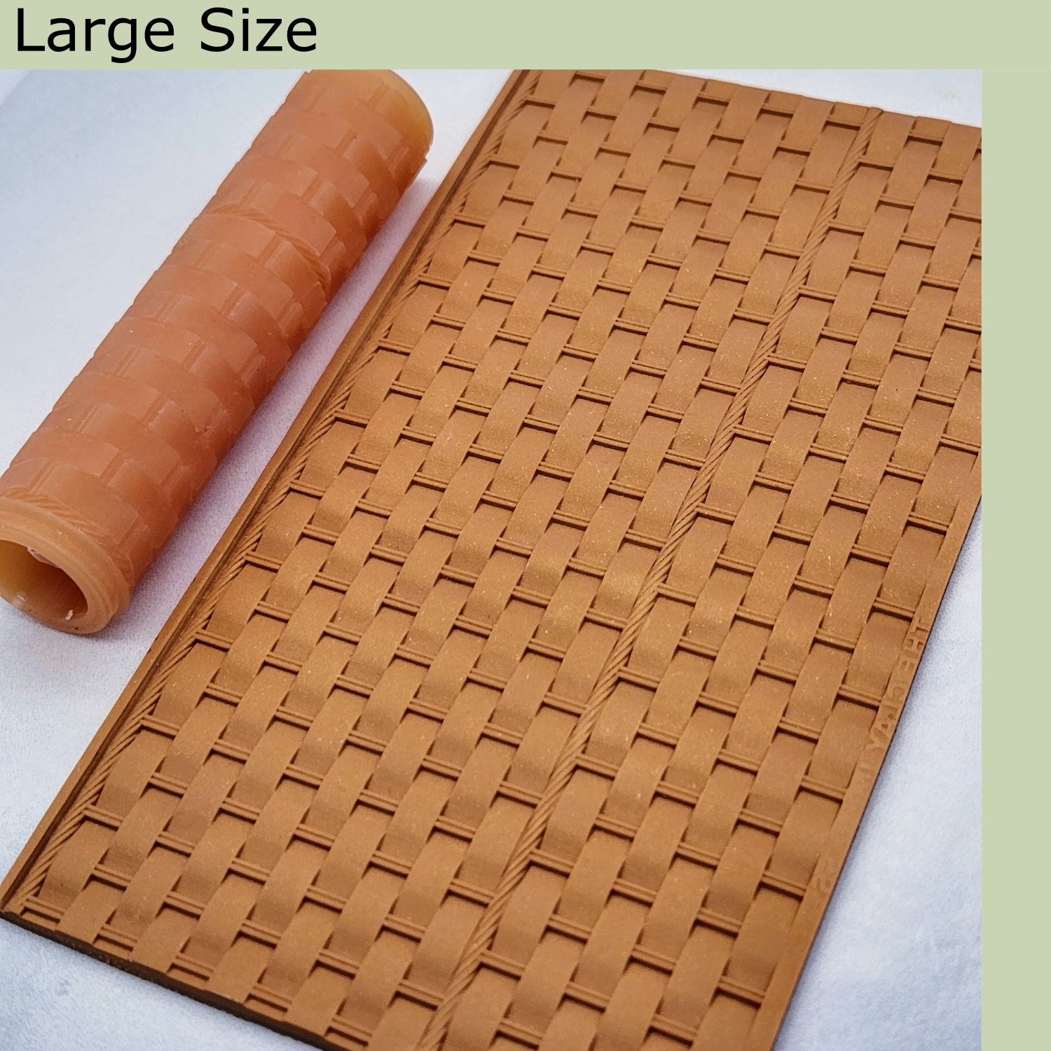 Large size basket weave pattern texture roller with sample polymer clay slab