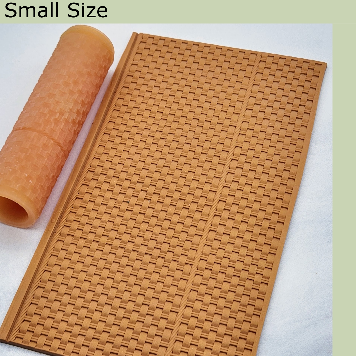 Small size basket weave pattern texture roller with sample polymer clay slab