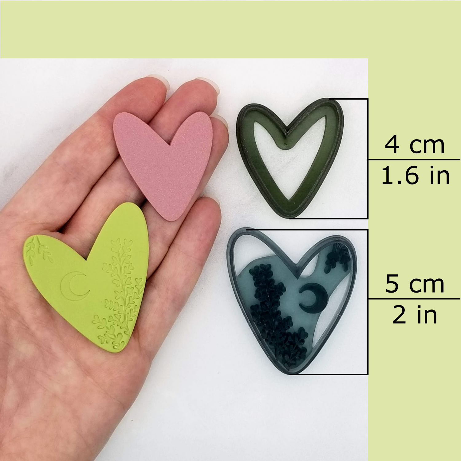 Boho heart outline clay cutter available size, 4 centimeters / 1.6 inches, and debossing clay cutter 5 centimeters / 2 inches