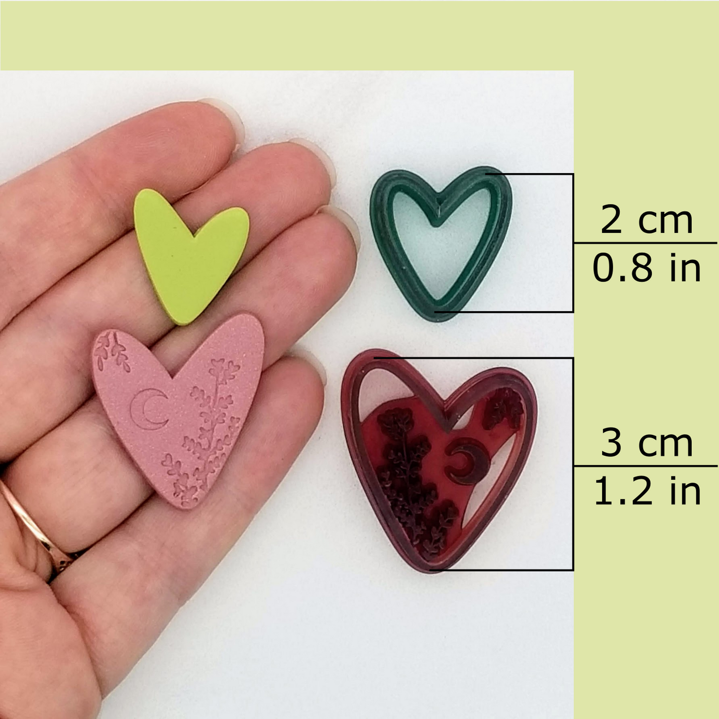 Boho heart outline clay cutter available sizes, 2 centimeters / 0.8 inches, and debossing 3 centimeters / 1.2 inches