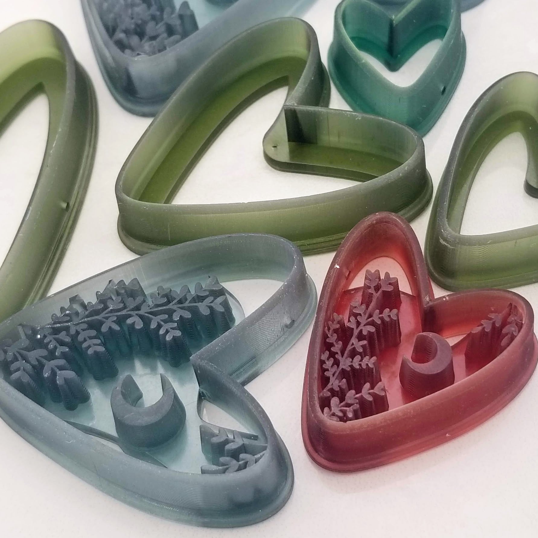 3D Printed Boho Heart sharp edged clay cutters, zoomed in close up shot to show details