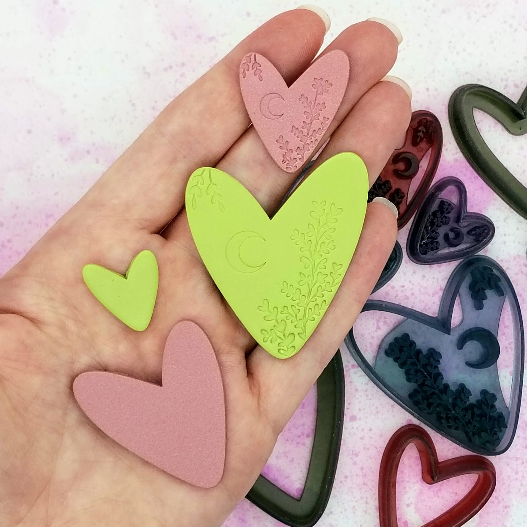 Bohemian heart outline and with debossed moon and leaf design, sample finish product of Boho Heart clay cutter