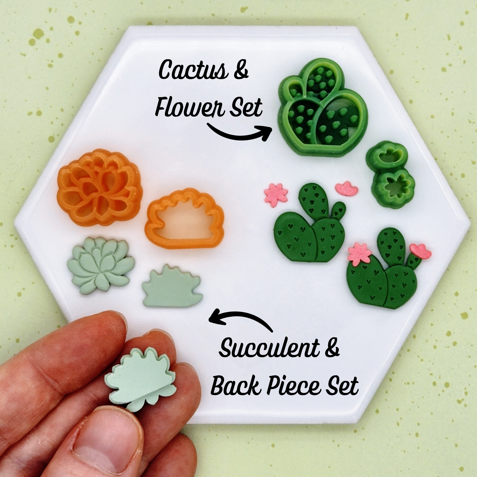 Showing clay cutters included in the Cactus and Flower Set, and Succulent and Back Piece Set, along with their respective polymer clay sample outputs