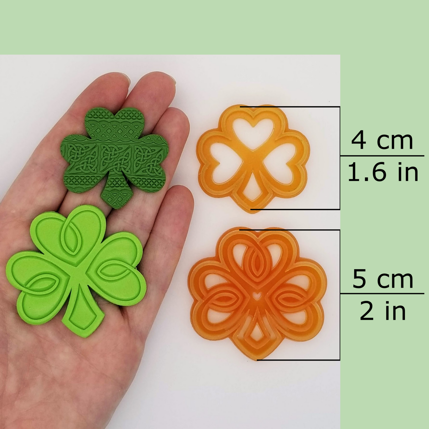 Celtic Shamrock polymer clay cutter available sizes, 4 centimeters / 1.6 inches, 5 centimeters / 2 inches
