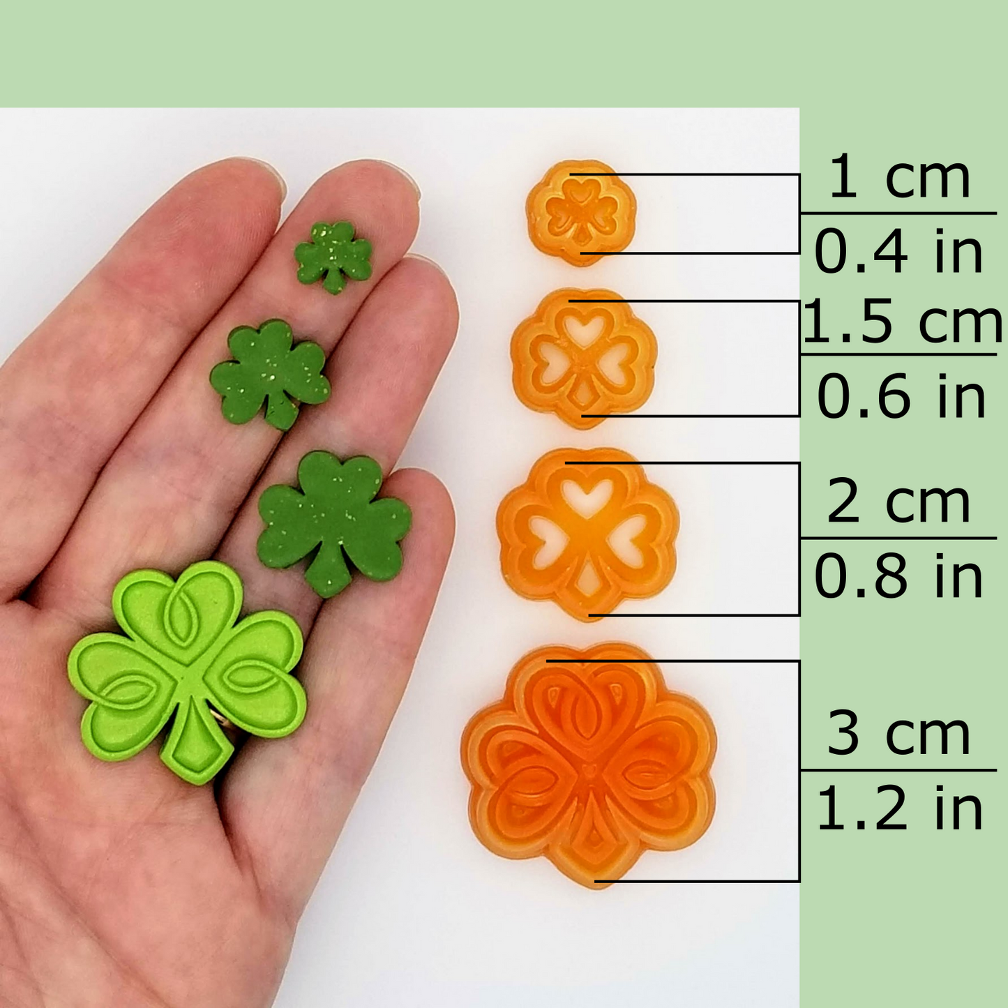 Celtic Shamrock polymer clay cutter available sizes, 1 centimeters / 0.4 inches, 1.5 centimeters / 0.6 inches, 2 centimeters / 0.8 inches, 3 centimeters / 1.2 inches