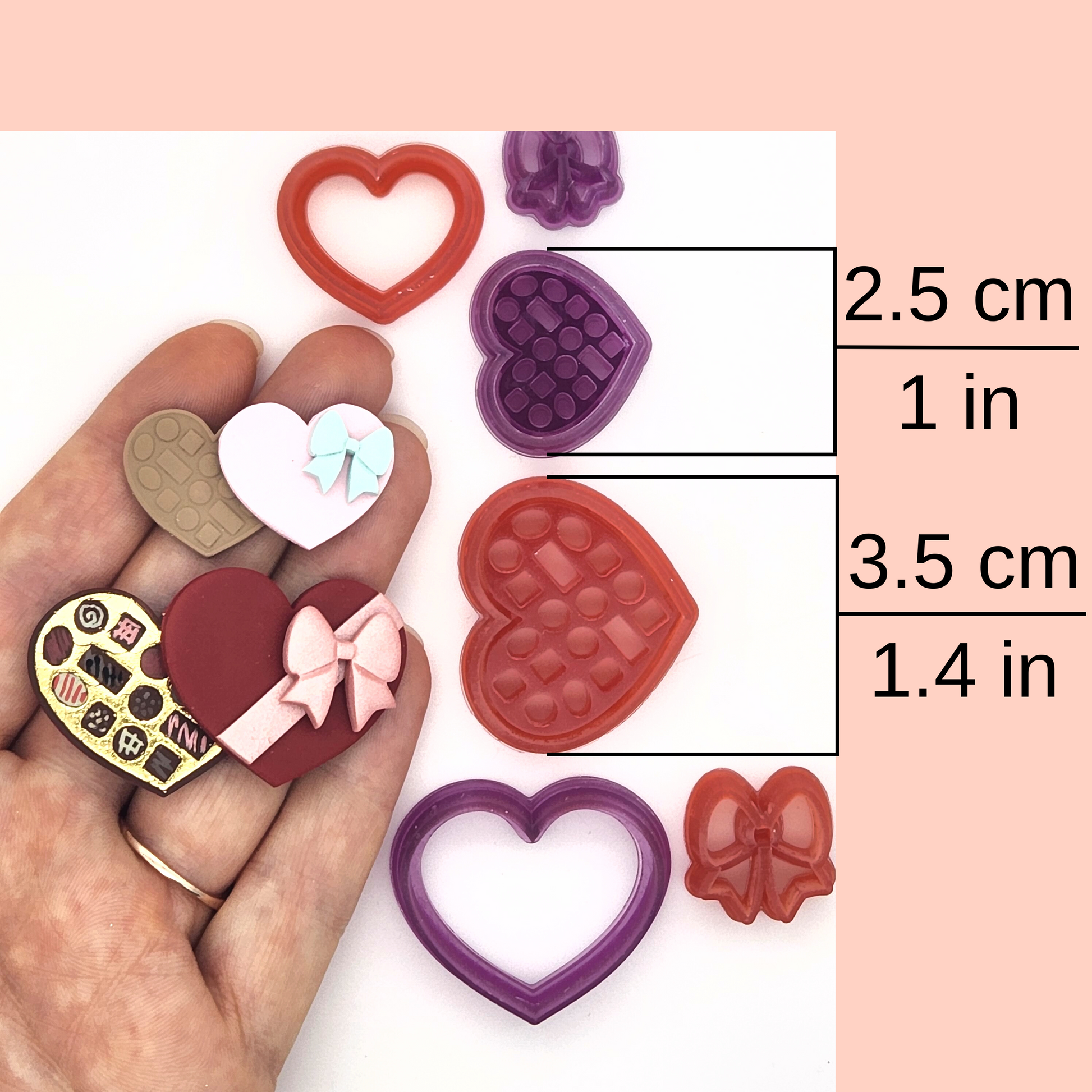 Box of chocolates clay cutter set available sizes, 2.5 centimeters / 1 inches, 3.5 centimeters / 1.4 inches. In photo, sample box of chocolates set finish product in different sizes