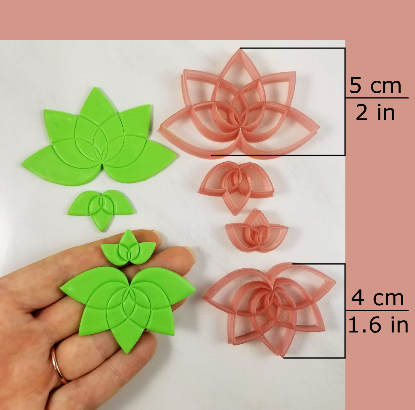 lotus shape polymer clay cutter available sizes, 5 centimeter / 2 inches, and 4 centimeters / 1.6 inches
