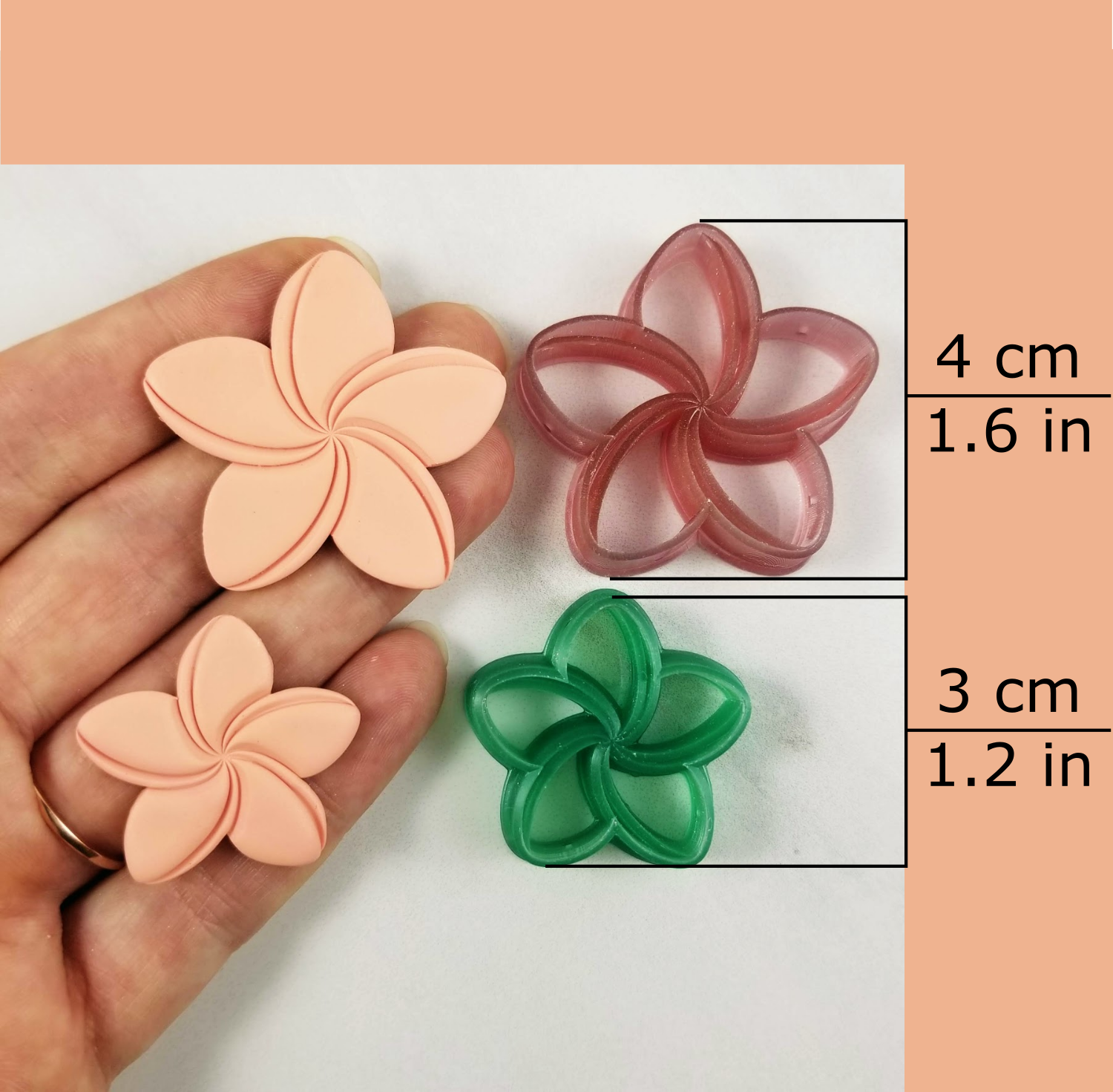 Plumeria polymer clay cutter available sizes, 4 centimeters / 1.6 inches, 3 centimeters / 1.2 inches