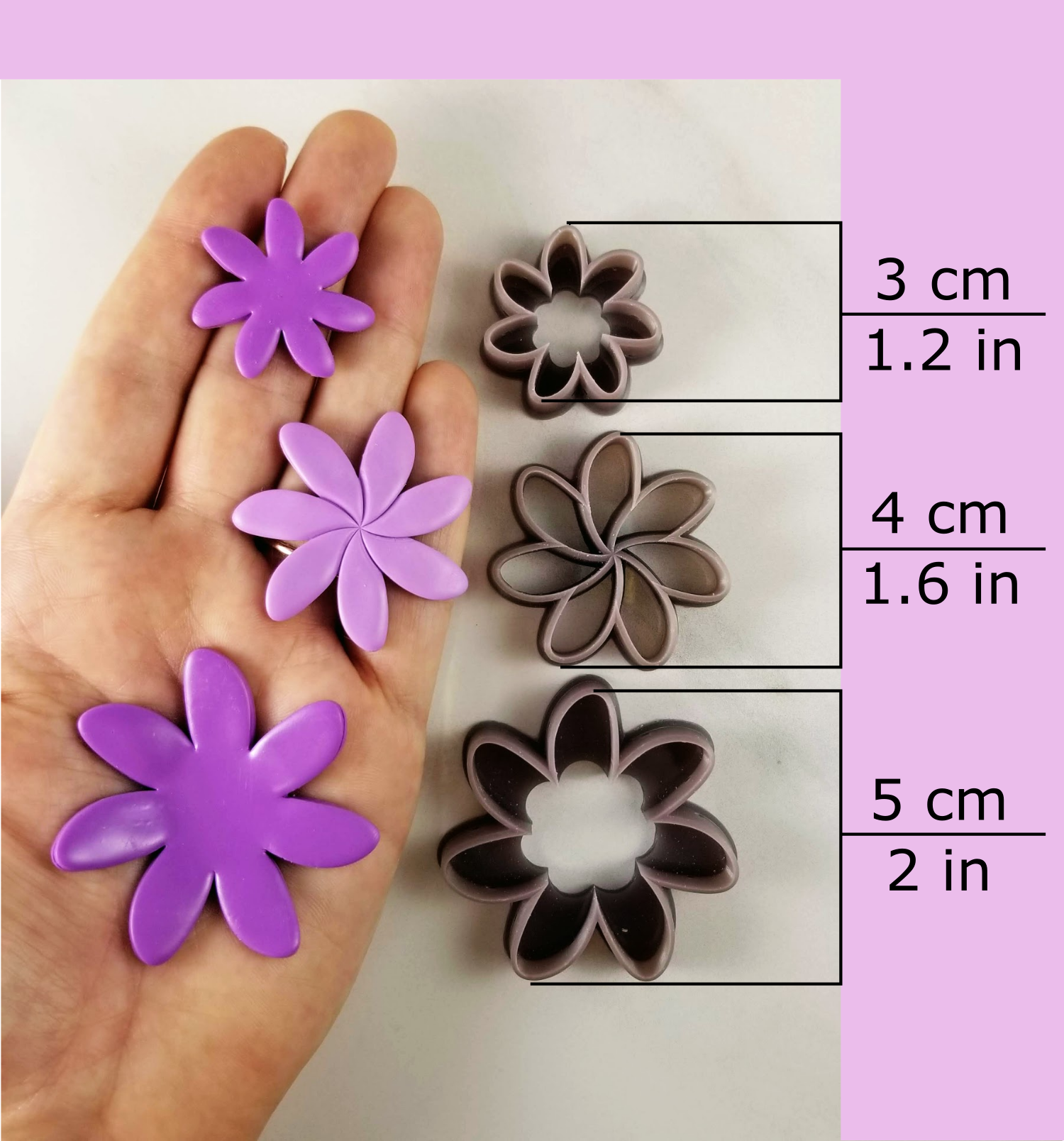 Tiare flower polymer clay cutter available sizes, 3 centimeter / 1.2 inches, 4 centimeters / 1.6 inches, 5 centimeters / 2 inches