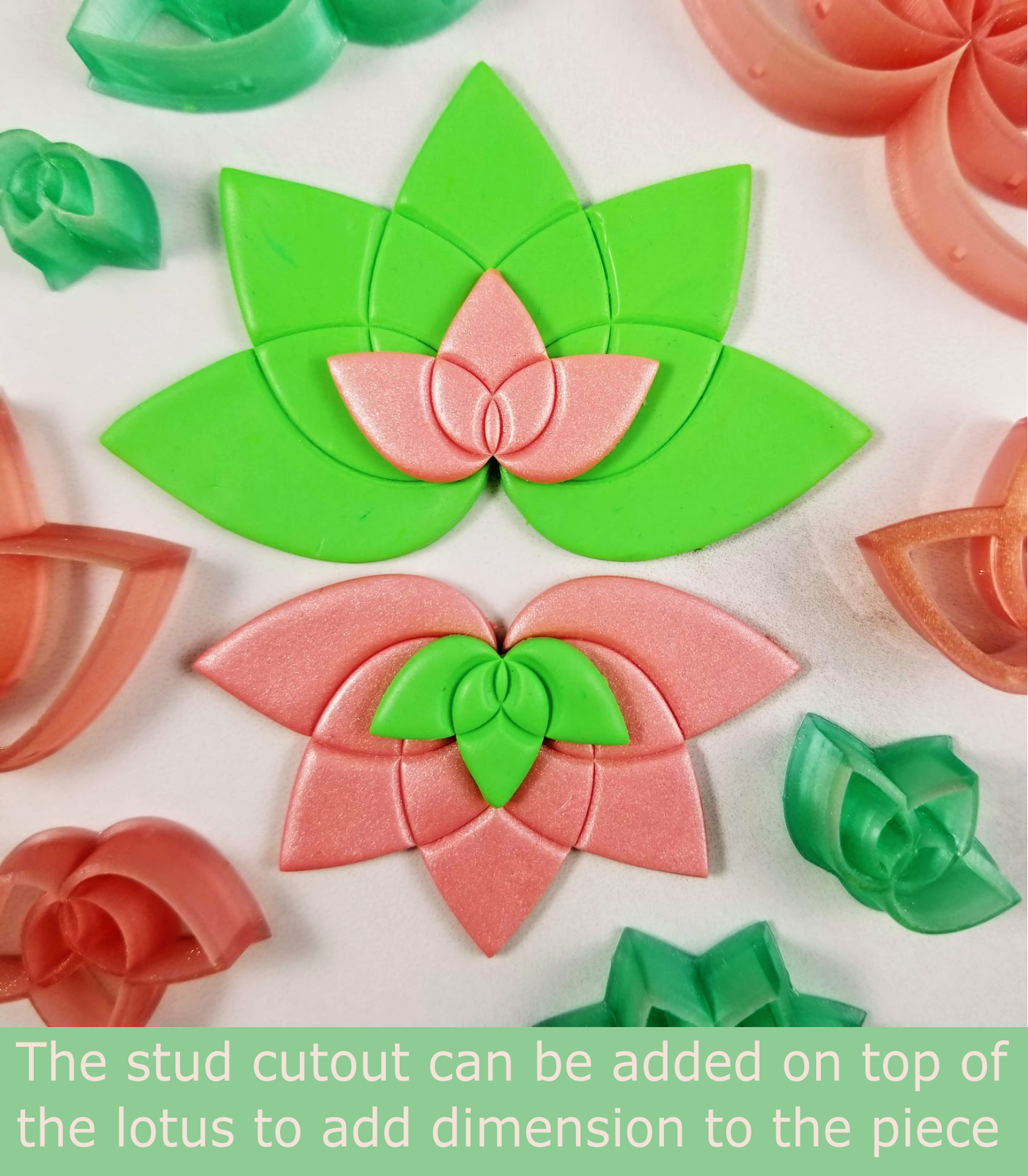 lotus stud cutout is added on top of lotus dangle to add depth to polymer clay earrings or jewelry
