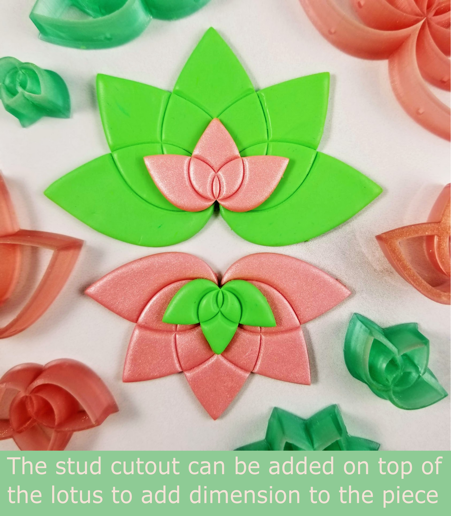 lotus stud cutout is added on top of lotus dangle to add depth to polymer clay earrings or jewelry