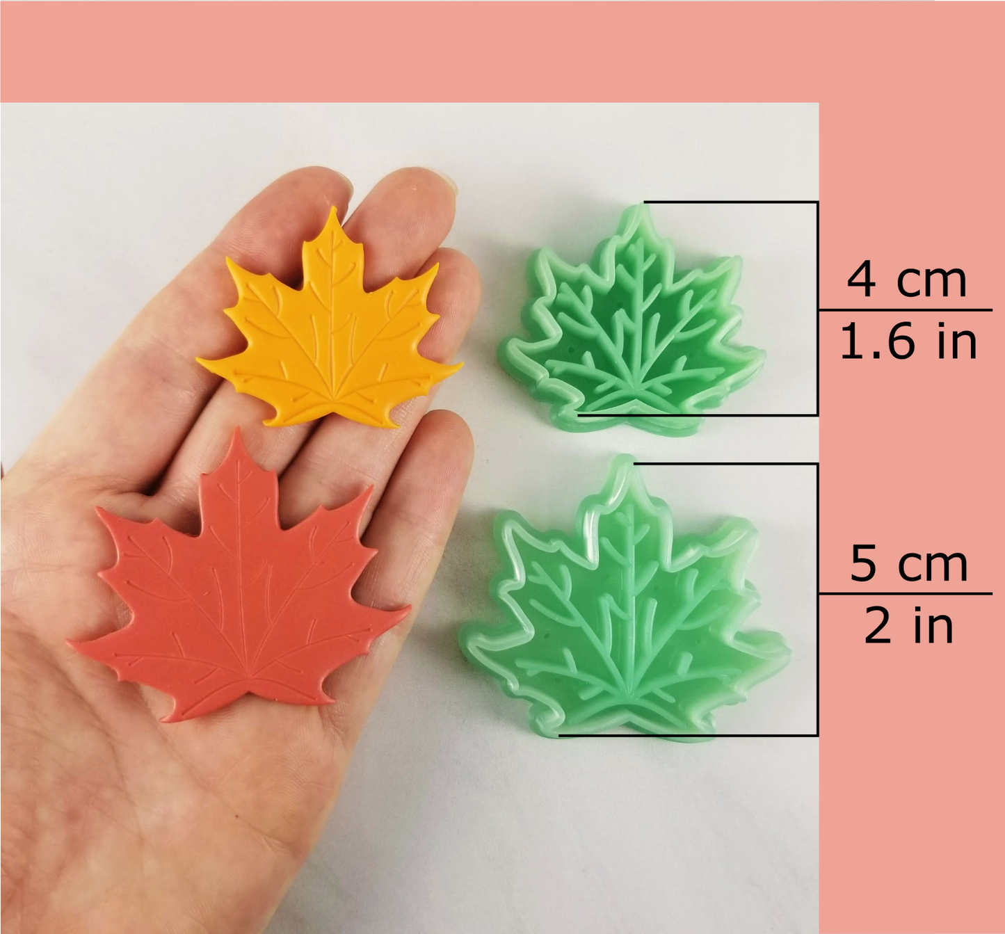Large maple leaf polymer clay cutters with dimensions shown. Great for statement earrings and necklace pendants. 