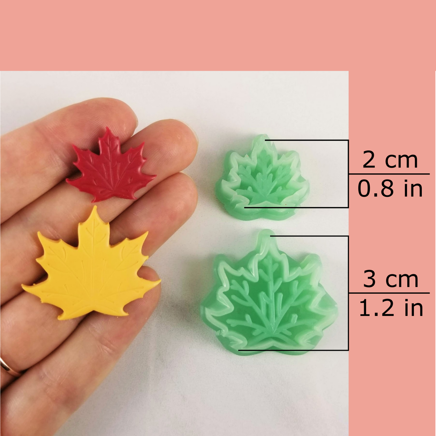 Small maple leaf polymer clay cutters with dimensions shown. Great for stud earrings and small dangle earrings.