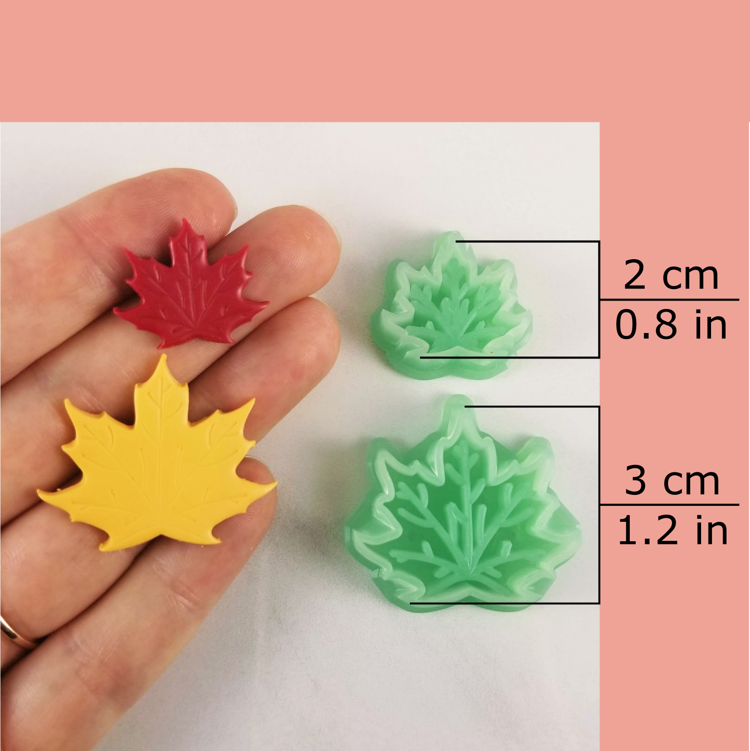Small maple leaf polymer clay cutters with dimensions shown. Great for stud earrings and small dangle earrings.