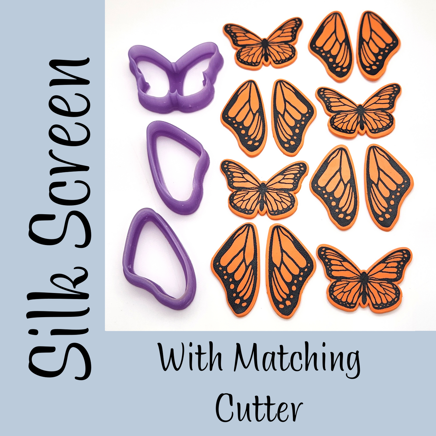 Monarch butterfly design for polymer clay using Silk screen with matching cutters set